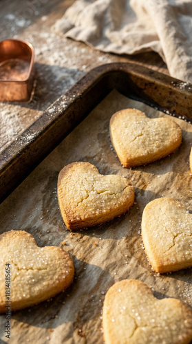 Golden heart biscuits cooling on vintage tray with copper cutter in cozy afternoon light