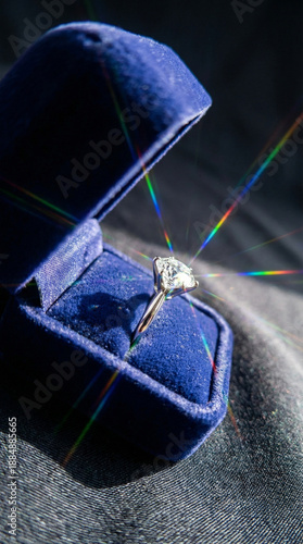 Prismatic diamond ring projecting colorful light beams from blue velvet box on dark studio cloth