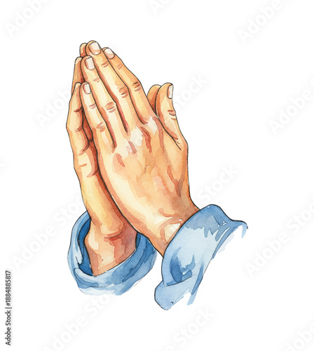 Pair of light skinned hands clasped in prayer depicting spiritual devotion and hope watercolor