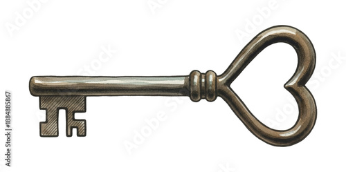 Vintage antique style key with a detailed heart shaped bow in a rustic brown color illustration