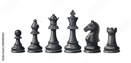 Black Chess Pieces King Queen Bishop Knight Rook and Pawn Lined Up on White Background Watercolor Style