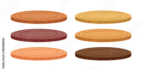 Vector Cartoon Wood Slice Podium Set. Wood Slice Podium Display. Round Wooden Platforms with Tree Ring Texture for Product Presentation, Cosmetic Stand, Food Display. Rustic Base, Isolated