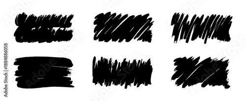 Black scribbled brush strokes on white background. Abstract paint and highlight set for graphic design element. Creative texture.