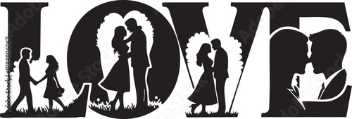 Love Typography with Romantic Couple in Nature Scenes. Silhouette Vector with Grass and Trees for Wedding and Valentine's Day Design.