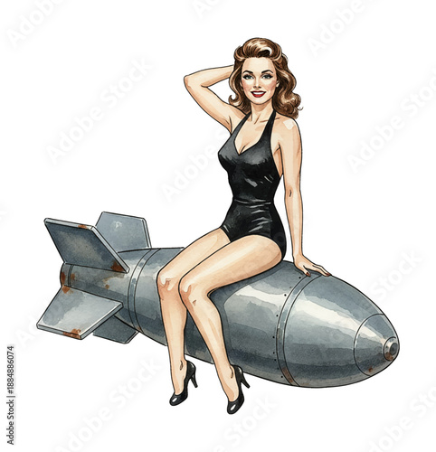 Smiling Caucasian Pinup Woman in Black Swimsuit Posing on a Vintage Bomb with Hand on Head Confident Mood