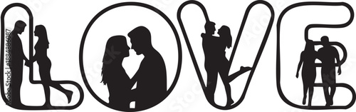 Love Word Outline Typography with Romantic Couple Silhouettes. Linear Letter Frames with Lovers Inside for Valentine's Day and Wedding Design.