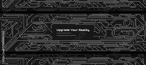 Electronic circuit board with text Upgrade Your Reality. Technology background concept for digital innovation and future computing.