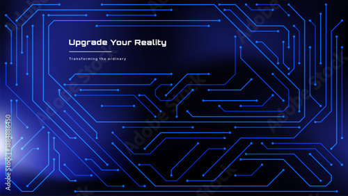 Blue electronic circuit board background with text Upgrade Your Reality. Technology concept with futuristic digital pattern for innovation design.