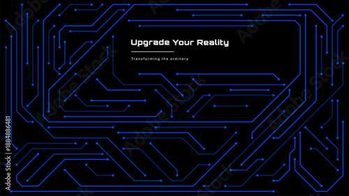 Blue circuit board pattern with text Upgrade Your Reality on black background. Data processing and digital technology concept.