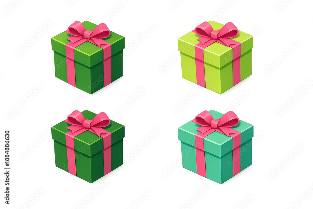 Fototapeta premium Present boxes icon set with green, lime, and teal colors, featuring pink ribbons for celebration and holidays