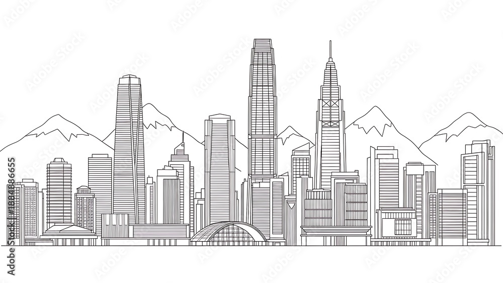 Fototapeta premium Monochrome line art of a cityscape, featuring various tall buildings and distant mountains