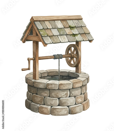 Traditional old stone water well with wooden roof and crank mechanism watercolor illustration