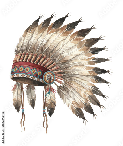 Traditional Native American Headdress Warbonnet Watercolor Illustration with Brown Feathers and Colorful Band