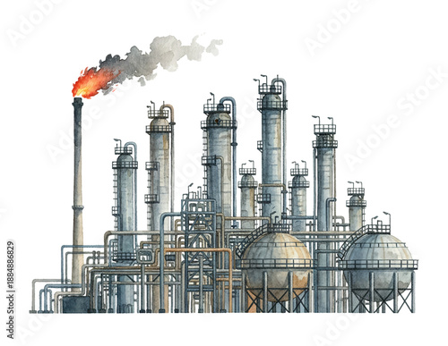 Detailed watercolor painting of an industrial refinery complex with towering structures and smoking chimney