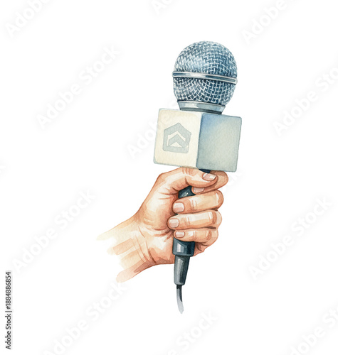 Light-skinned Hand Holding a News Microphone Firmly for Interview or Public Speaking Watercolor Art