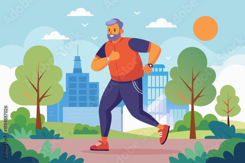 A middle-aged man jogging in a park while checking his heart rate on a smartwatch. Early morning sunlight, healthy lifestyle.