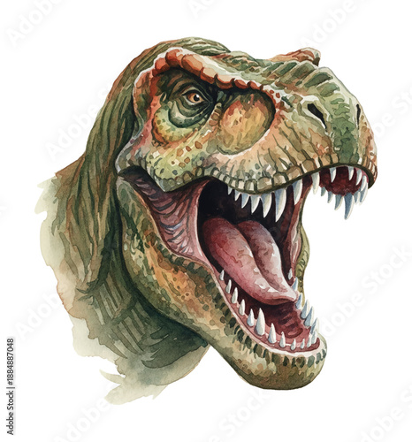 Fierce Tyrannosaurus Rex Head Roaring with Open Mouth Sharp Teeth and Tongue in Detailed Watercolor Illustration
