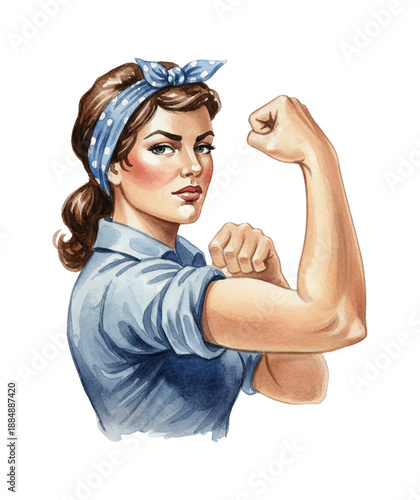 Caucasian woman flexing arm confidently showing strength wearing blue bandana and shirt a symbol of empowerment