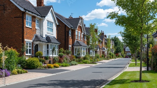 A row of modern red brick houses on a quiet suburban street. New residential housing development with front gardens. Real estate and property concept
