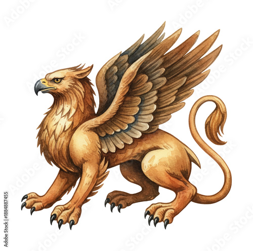Majestic Griffin Mythical Creature Standing with Powerful Pose in Detailed Watercolor Illustration