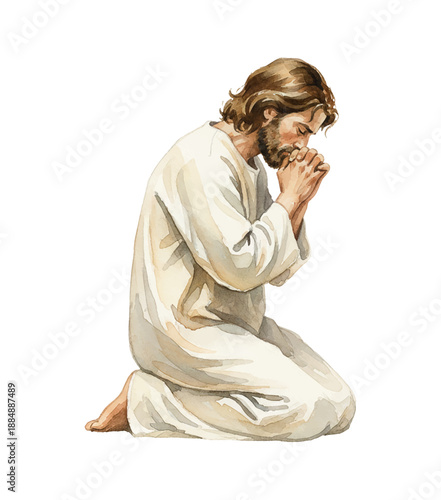 Middle Eastern man kneeling in solemn prayer with bowed head and clasped hands painted in watercolor art