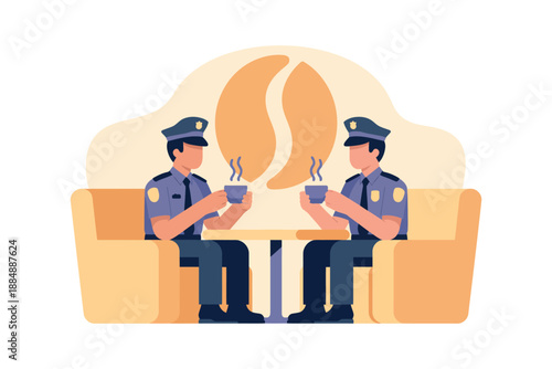 Two police officers sitting on a couch drinking coffee and chatting