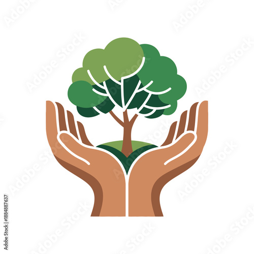 A pair of hands cradling a small tree with green leaves, symbolizing environmental protection and conservation.