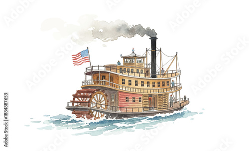 Old fashioned American paddle steamer boat proudly displaying US flag sailing on river with smoke from chimney watercolor painting