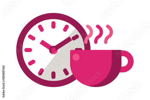 A pink coffee cup with steam rising next to a clock on a white background