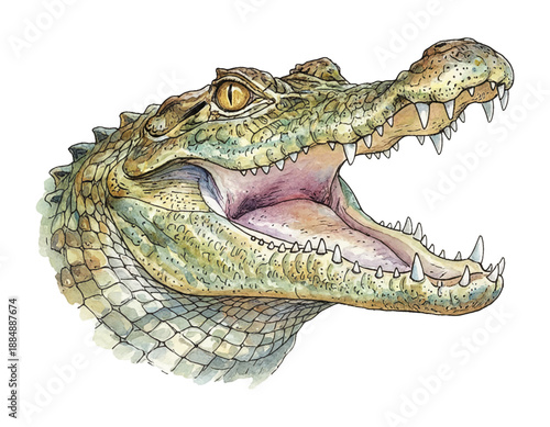 Detailed Watercolor Illustration of an Alligator Head with Open Mouth Displaying Sharp Teeth