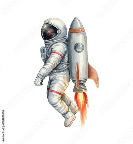A vibrant watercolor astronaut launching into space with a rocket jetpack against colorful splashes