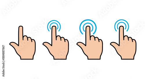 Set of hand cursor icons showing different finger tap gestures with blue touch effect.