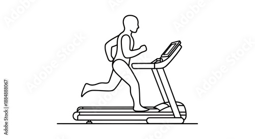 Continuous line drawing of a person running on a treadmill with a backpack.