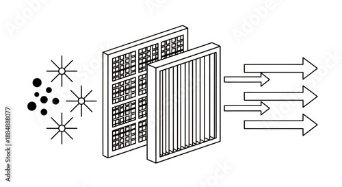 Illustration of air filtration process showing particles passing through filters.
