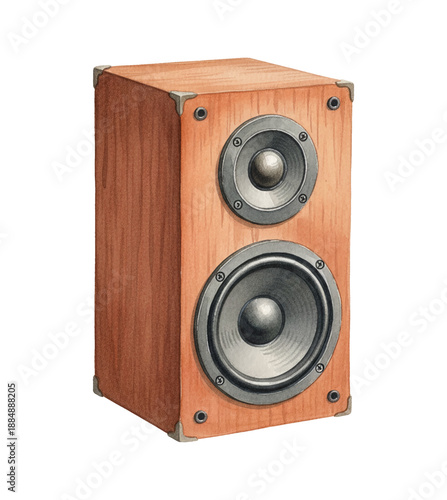 Brown wooden audio speaker with two black speaker cones a classic design in detailed watercolor illustration