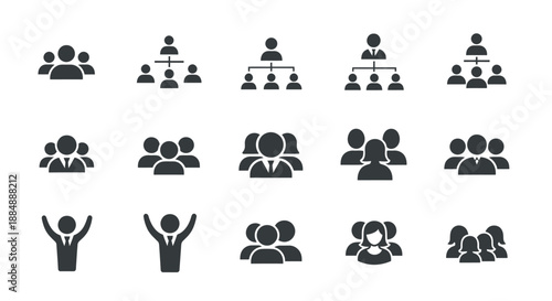 Set of various black human group and team icons in different arrangements and poses.