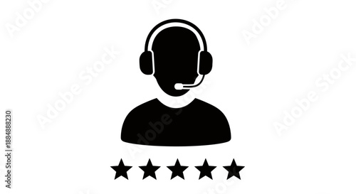 Customer service representative with headset and five star rating icon.