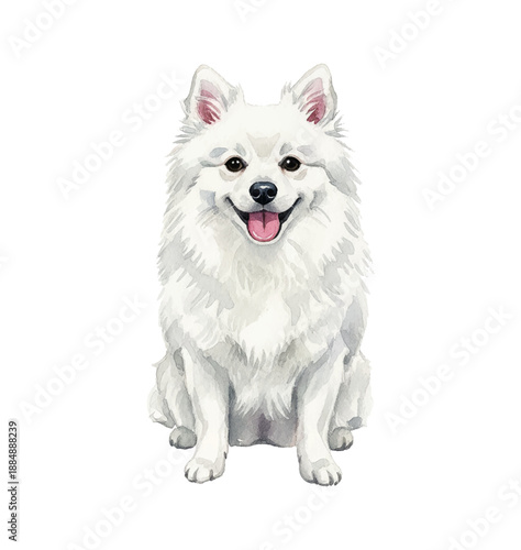 Cute Adorable White Fluffy Dog Sitting Smiling with Pink Tongue Out Happy Expression Watercolor Art