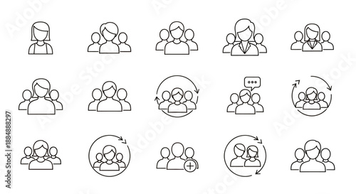 Set of diverse group and community line icons representing social connections.