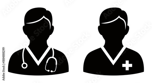 Black and white medical professional icons representing doctor and nurse.