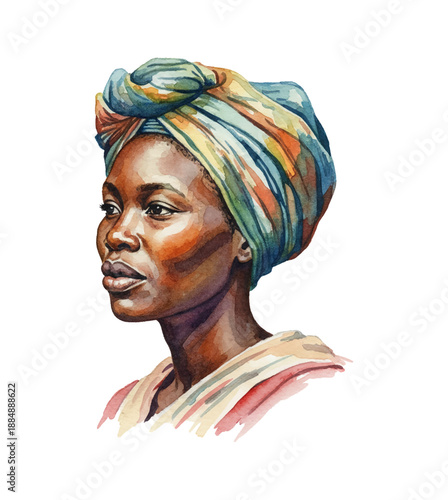 African woman wearing a vibrant colorful headwrap looking thoughtfully to the side in a watercolor painting