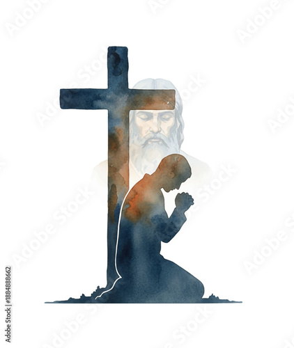 Devout Man Kneeling Praying Before a Cross with Jesus Christ Spirit in a Watercolor Style Illustration