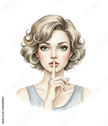 Young Caucasian Woman with Curly Hair Making Shhh Gesture Requesting Silence with Calm Expression