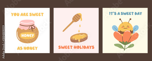 Set of honey-themed cards with cute illustrations. Great for product packaging, labels, stickers, social media and handmade branding.