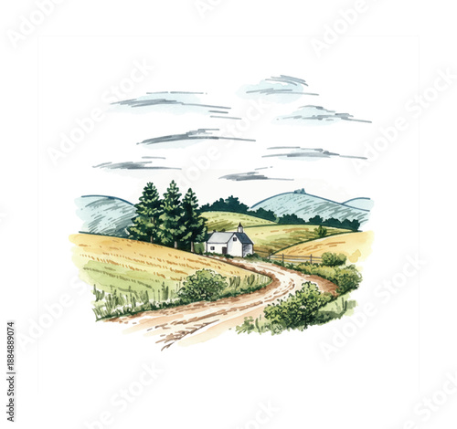 Peaceful Rural Landscape with Small White Church Winding Dirt Road Golden Fields and Green Hills Watercolor Art