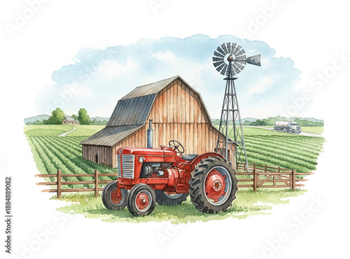 Vintage red tractor standing proudly near a rustic wooden barn with a tall windmill and green fields under a clear sky
