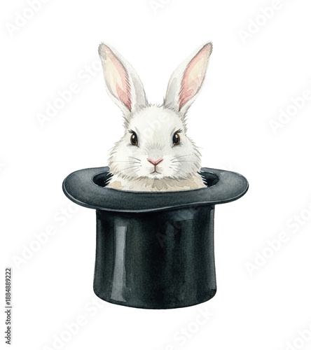 White rabbit with soft fur peeking out of a black magician top hat with a curious and calm expression