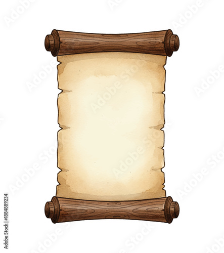 Rustic empty parchment scroll with dark wooden holders watercolor style illustration isolated on white