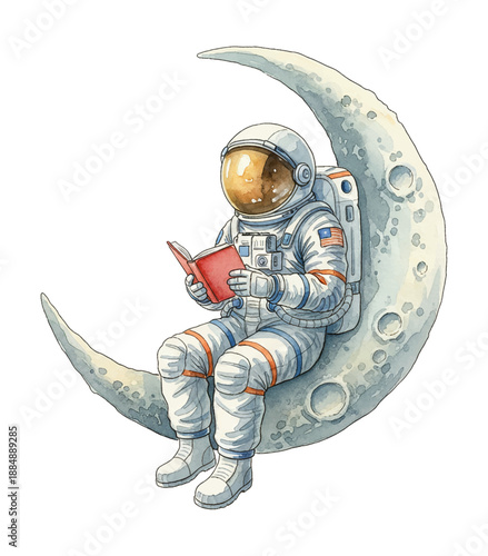 Astronaut calmly reading a red book sitting on a crescent moon in a peaceful contemplative space scene