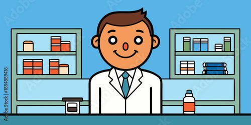 A smiling pharmacist in a white coat standing behind a counter with shelves of medicine in the background. Professional and welcoming.